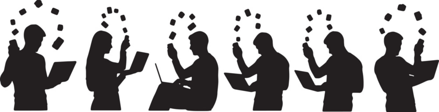 Black Solid Multi Device User Silhouettes Set of Six on White Background
