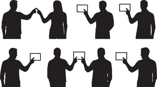 Black Solid Online Tutor Digital Screen Silhouettes Set of Six on White Background