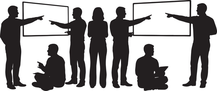 Black Solid Online Tutor Digital Screen Silhouettes Set of Six on White Background