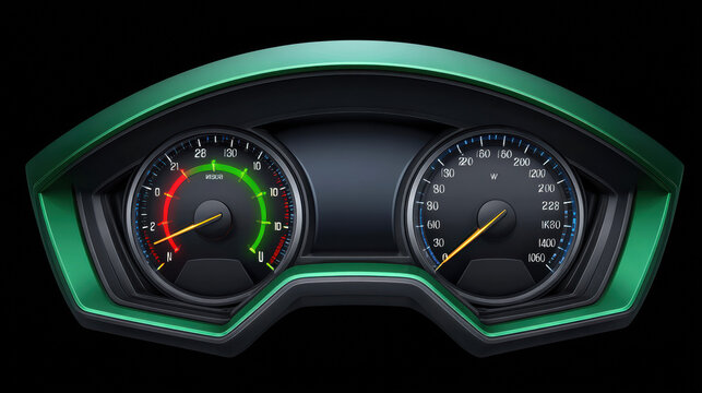 A sleek green dashboard instrument panel displays speed and RPM gauges against a black background, showcasing modern automotive design elements and technology.