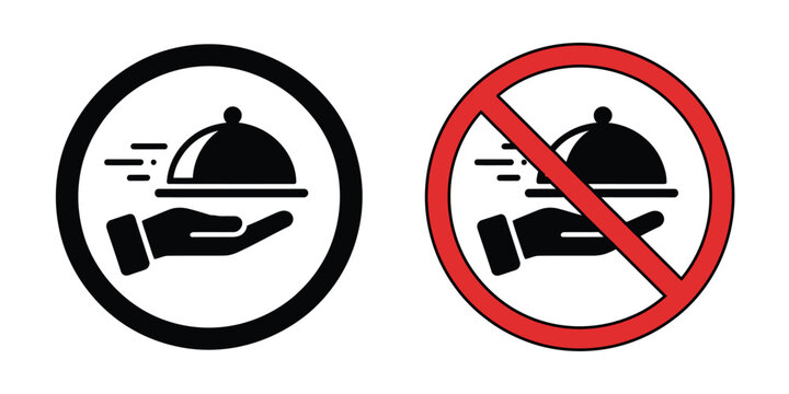 Food Service Permission and Restriction Icons Featuring Hand Tray Symbols for Restaurant Delivery and Catering Policy Design