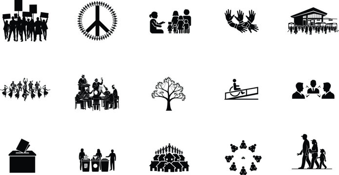 Community and society icon set. People, diversity, inclusion, teamwork, social support, equality, family, nonprofit icons. silhouette vector illustration. 