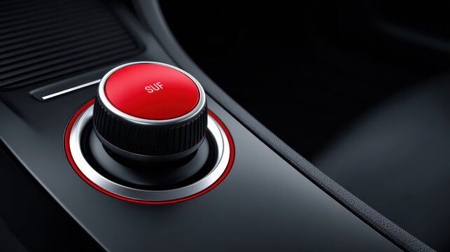 Close-up reveals a vibrant red multimedia control dial with chrome trim, seamlessly integrated into the sleek, dark interior of a modern automobile console.