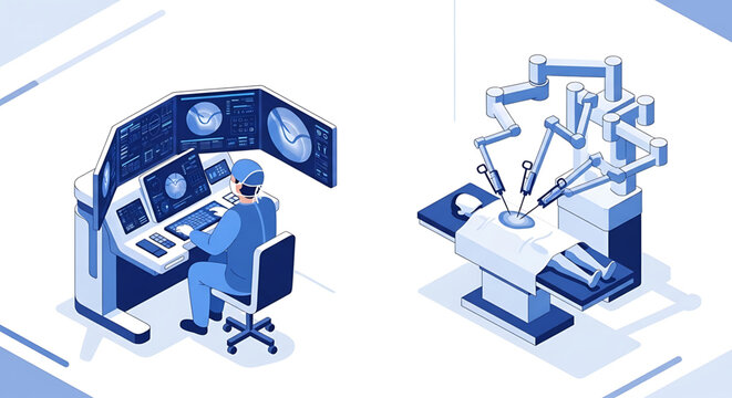 Robotic surgery system with surgeon at console and robotic arms operating on patient