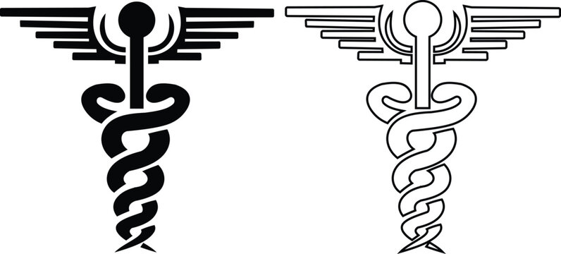 Black flat line style medical snake serpent vector icon set, collection and group of healthcare caduceus snake symbol pharmacy medicine and healing illustration pack bundle