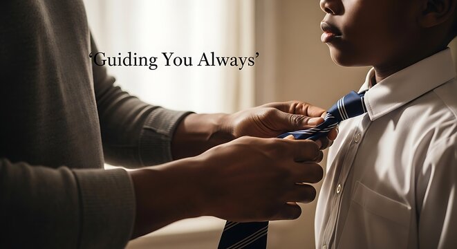 A tender moment of a man helping a young boy tie his tie, guiding you always