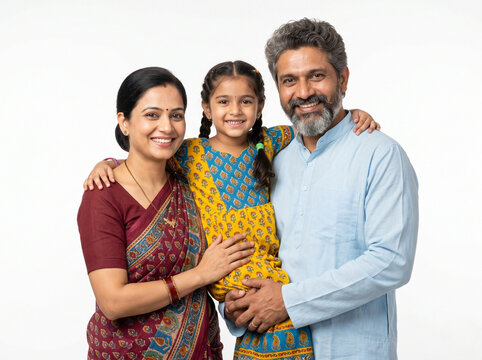 middle aged indian rural family with young daughter posing together isolated on white background for family bonding and rural lifestyle concept
