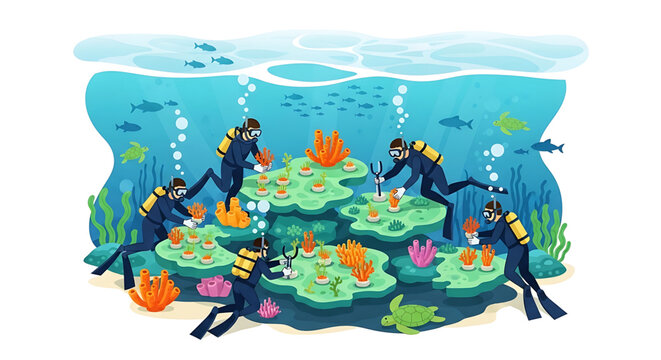 Scuba divers planting and restoring coral reef underwater marine conservation and ocean restoration concept vector illustration divers working on coral nursery in the sea