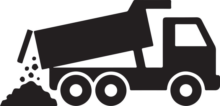 Black dump truck icon unloading dirt or sand for construction work