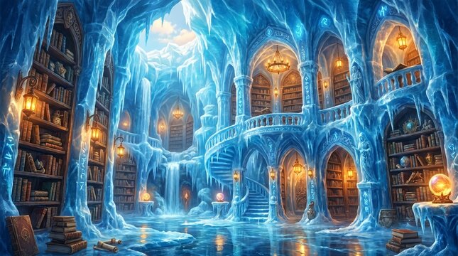 Mystical ancient library with glowing ice architecture and towering bookshelves