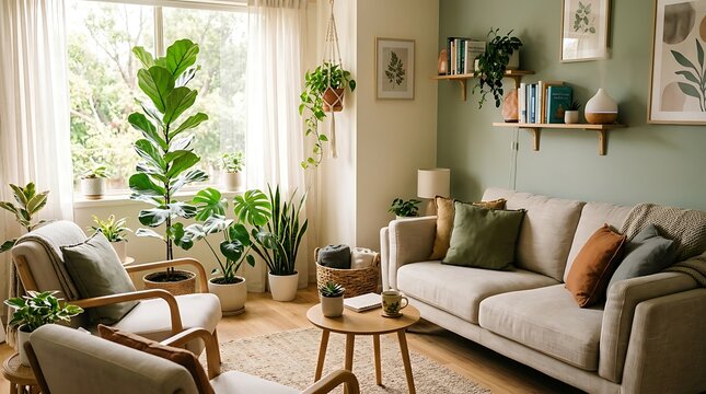 Cozy living room interior filled with many indoor plants and comfortable furniture design.