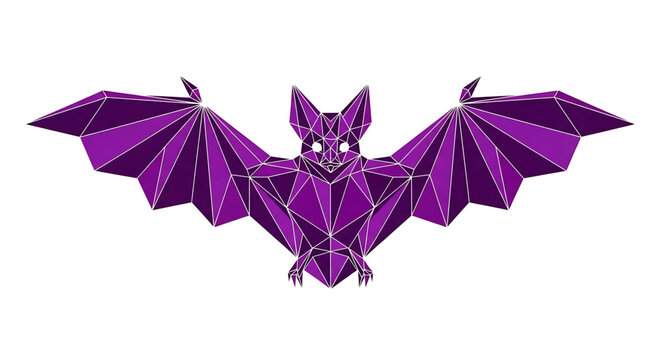 Low poly geometric bat illustration, stylized purple animal design for halloween or logo