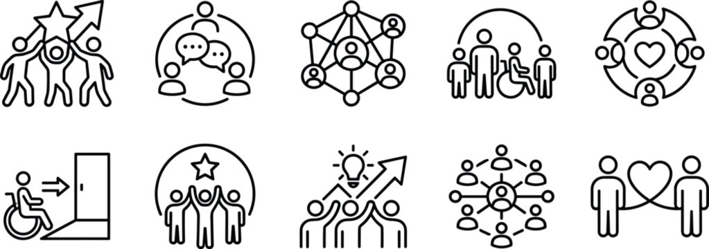  Minimalist Line Icons Showing Diversity Inclusion Accessibility and Community Growth Concepts diversity and inclusion accessibility design modern corporate icons social responsibility minimalist grap