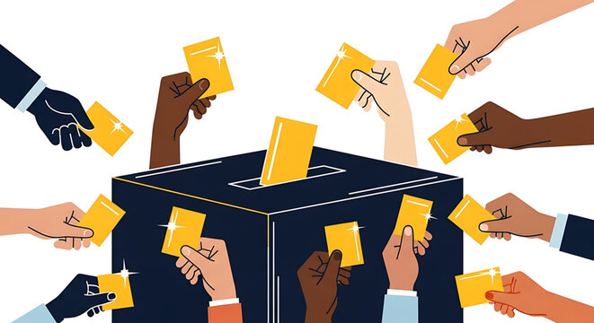 Illustration of diverse hands casting yellow ballots into a dark blue ballot box, representing democracy, elections, and civic participation