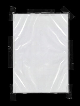 Minimalist mockup featuring a transparent plastic document sleeve taped onto a black background with a blank white sheet inside.