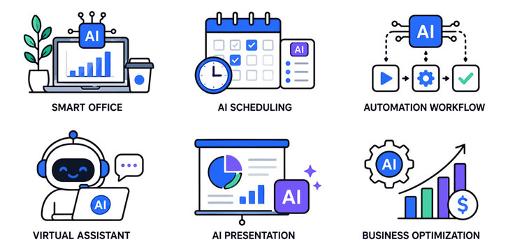 Artificial intelligence icons set featuring various business automation tools including virtual assistants and smart office scheduling solutions presented in a clean modern flat vector design style