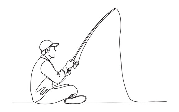 Continuous Line Drawing of a Man Fishing with a Rod - Concept of Outdoor Hobby, Relaxation, Nature, and Patience.