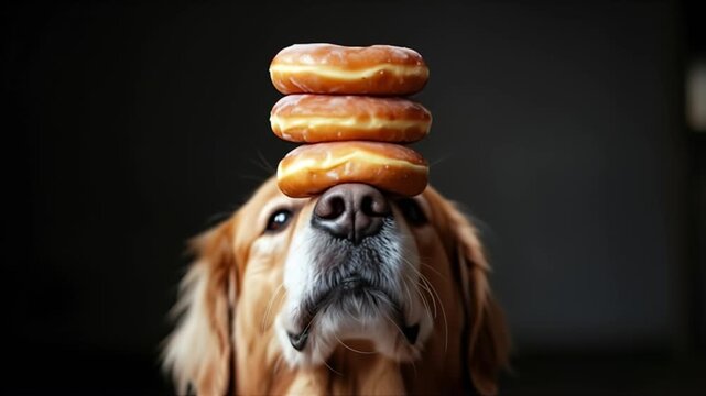 Playful golden retriever balances stack of donuts on its nose with focused expression