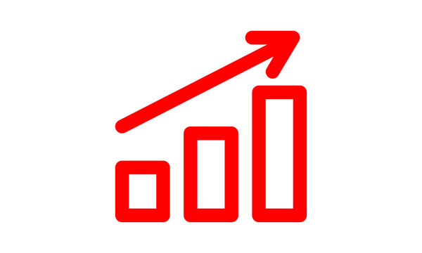 Red upward arrow growing from small to large house icons