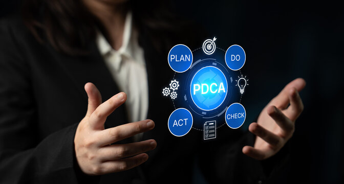 Business Professional Presenting PDCA Cycle with Plan, Do, Check, Act Symbols for Continuous Improvement and Quality Management Concept. Bitwise.