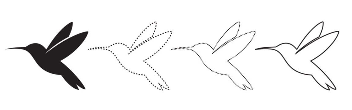 Four hummingbirds in flight one solid black and three outlines hummingbird wildlife illustration collection graceful creature movement silhouette