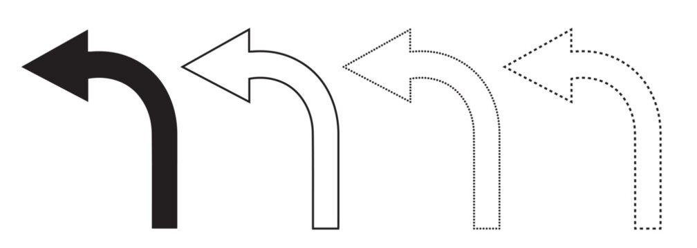 Left arrow icons set: black solid outline dotted line styles turn left direction collection navigation movement previous backwards interface