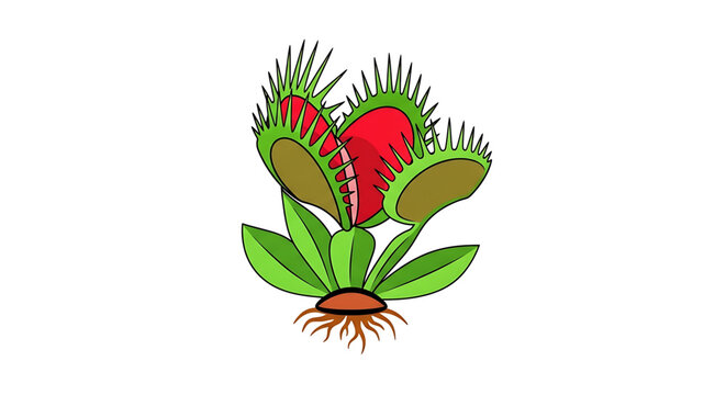 Cartoon illustration of a venus flytrap plant with red interior and green spiky leaves