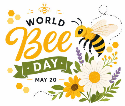 World Bee Day vector illustration with cute bee flowers and honeycomb elements