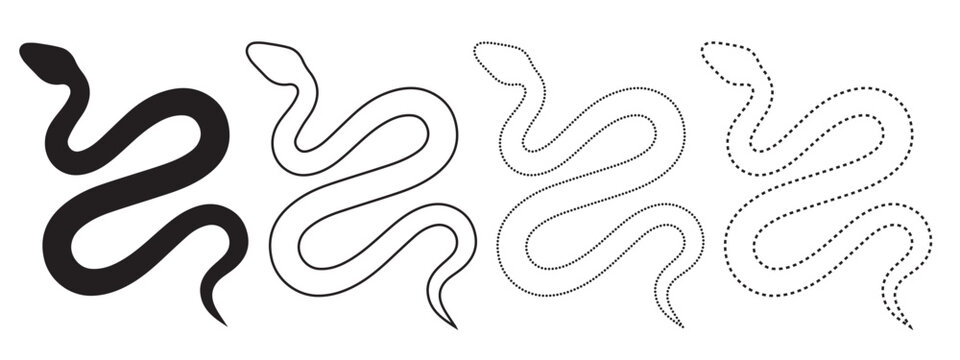Serpentine snake illustration in silhouette and outline variations representing reptile design line art white background non venomous cold blooded