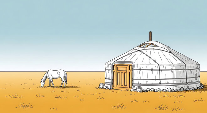 Traditional mongolian yurt and white horse grazing on the vast steppe landscape, minimalist illustration of nomadic life in central asia