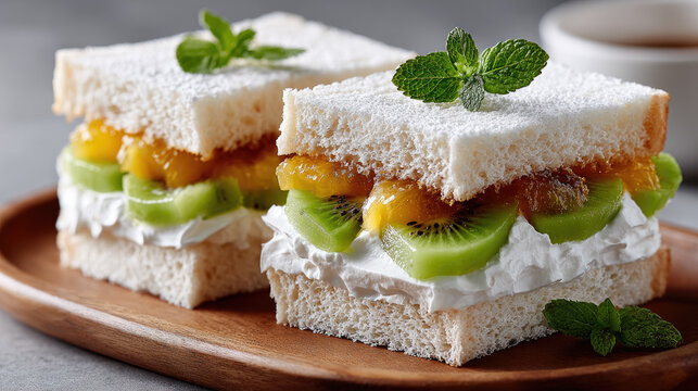 Japanese fruit sando dessert sandwich with fluffy white bread, fresh kiwi, orange fruit, and whipped cream, creating a delightful sweet treat and light snack