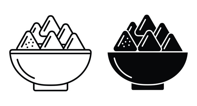 Nacho chips in a bowl icon set featuring outline and solid black silhouette styles for snack food menu design graphics