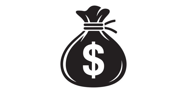 A black silhouette of a classic money bag tied with a cord and marked with a currency symbol. dollar and Euro Vector illustration black clipart design.dollar classic money bag,Euro classic money bag
