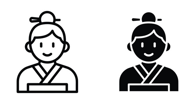 Japanese woman icon set featuring traditional kimono dress and hair bun style in outline and solid black vector graphic design