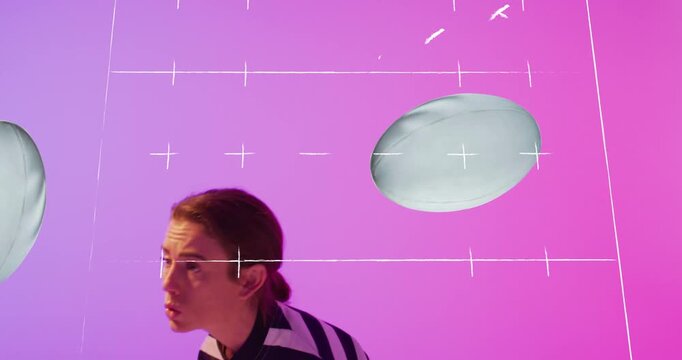 Woman cradling white sphere tracking incoming discs as tech schematic shifts guarding prop
