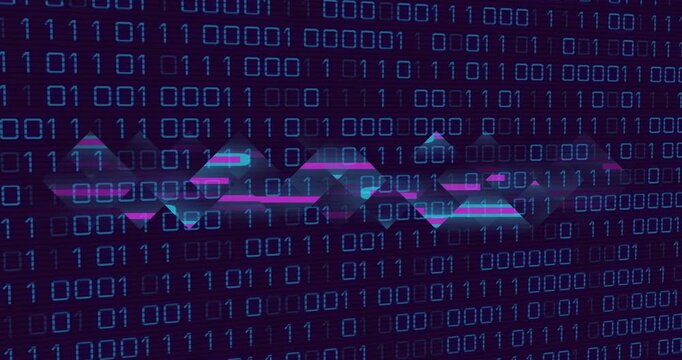 Glitch bars pulsing, neon band sliding and fragmenting across static binary grid showing data flow