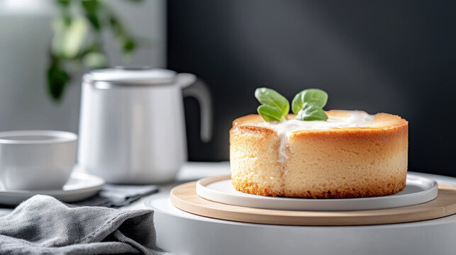 Easy rice cooker cake serving on a wooden platter for a simple breakfast, enjoying homemade dessert with a steaming cup of tea, promoting convenient baking and sweet indulgence