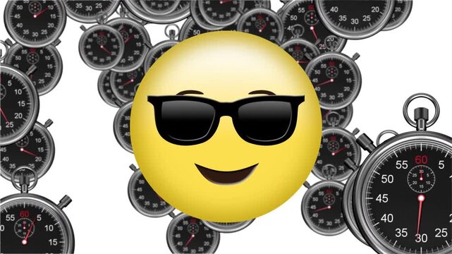 Ticking hands sending timers sliding and scaling inward, forming dense backdrop behind emoji