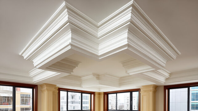 Intricate decorative crown molding accents the ceiling of a bright, modern living room with large letting in natural light and providing a city view beyond.