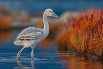 Obraz premium Young Bird Wading in Calm Water Among Colorful Foliage