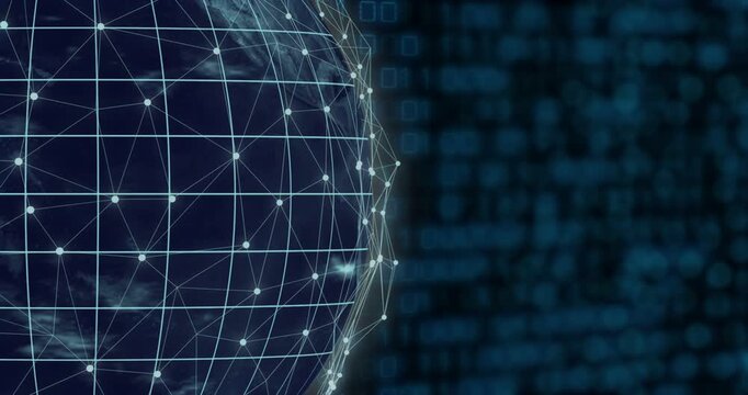 On play 3D globe rotating, grid shifting, nodes pulsing, arcs sweeping to visualize network data