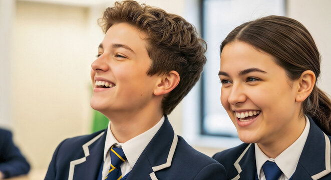 Close-up of two happy teenage students in navy blue uniforms laughing together. Cheerful boy and girl classmates sharing a joyful moment in a bright school setting