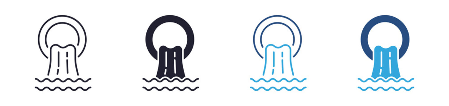 Industrial wastewater drainage icon set. sewage disposal and water treatment concept. outline, glyph, colored line and flat style. vector illustration.