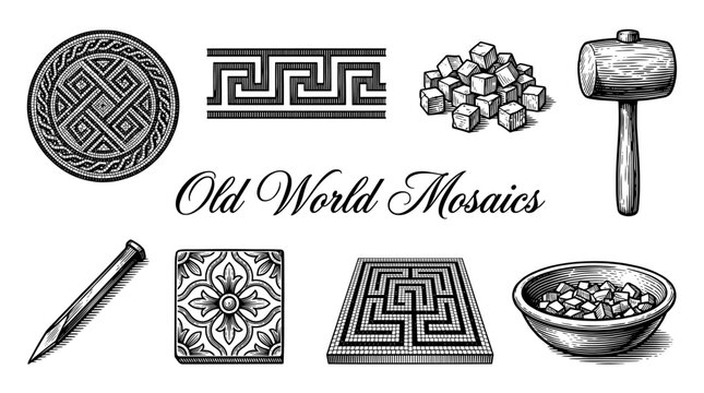 Vintage Engraving Set of Old World Mosaic Elements, Tools, and Patterns including Greek Meander, Labyrinth, and Tesserae Illustrations