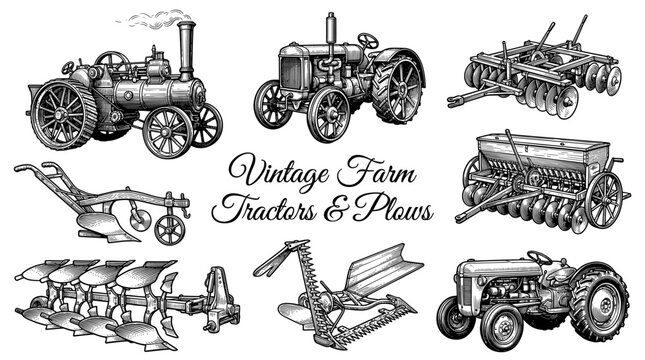 Vintage Farm Tractors and Agricultural Machinery Collection, Engraved Illustration Set of Retro Steam Engines, Plows, and Seeder