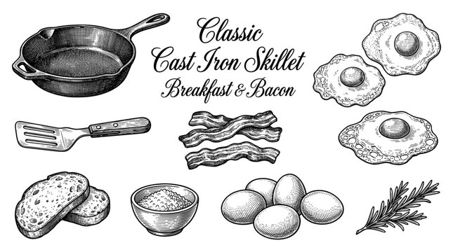 Vintage Hand-Drawn Breakfast Set with Cast Iron Skillet, Fried Eggs, Bacon, Spatula, Bread, and Whole Eggs. Engraving Style Vector Illustration for Kitchen Decor, Menu Design, and Food Labels.