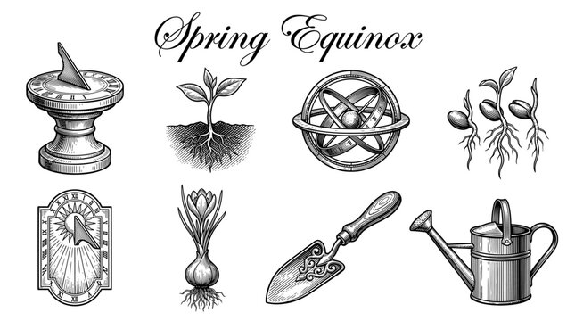 Vintage Spring Equinox Garden and Astronomy Engraving Set with Sundial, Watering Can, Seedlings, and Armillary Sphere Illustration