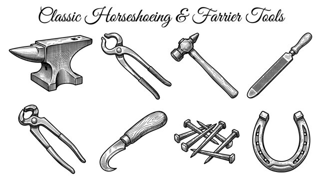Vintage Vector Illustration of Classic Farrier and Blacksmith Tools Set with Anvil, Horseshoe, Hammer, and Hoof Knife