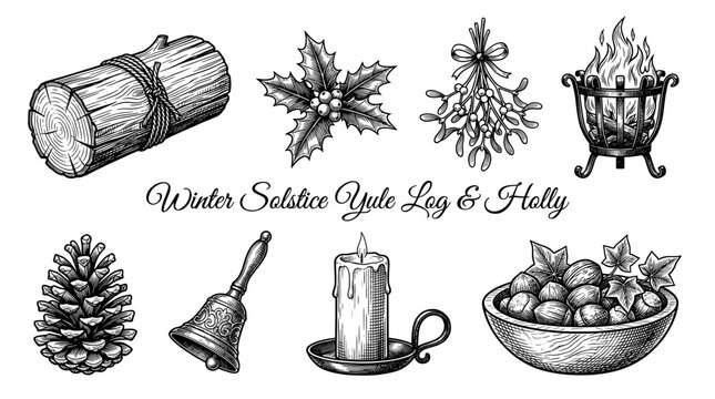 Set of Vintage Engraved Winter Solstice and Yule Symbols Featuring Yule Log, Holly, Mistletoe, Candle, and Bell for Holiday Design
