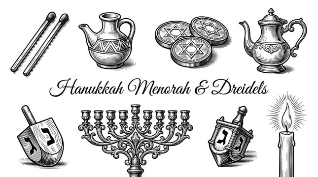 Vintage Woodcut Style Hanukkah Symbols Vector Set: Menorah, Dreidel, Gelt Coins, Oil Pitcher, and Candle for Jewish Festival of Lights